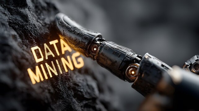 AI-generated close-up of a robotic finger delicately touching a glowing "DATA MINING" symbol on a futuristic digital interface