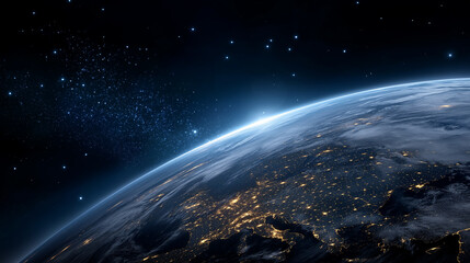 Fototapeta premium Earth glowing from space with satellites and city lights