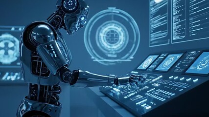 Futuristic Robot Operating Holographic Interface - Powered by Adobe