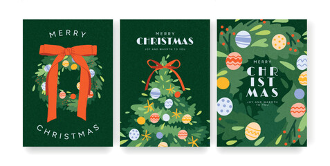 Set of Christmas cards with decorated wreath, Christmas tree, ornaments and ribbon bow. New Year and winter holiday. Vector illustration for festive cards, promo, banners and ad