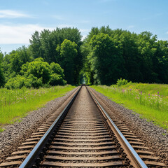 Fototapeta premium Straight Railway Track Vanishing into a Lush Green Forest Tunnel