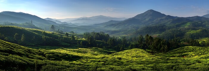 Green tea plantation, green hills and mountains in the background, morning fog on the horizon