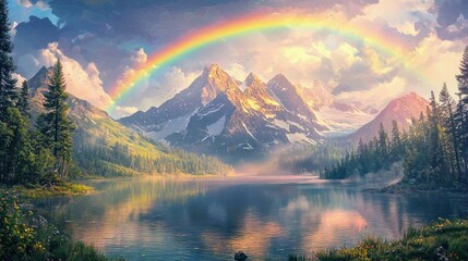 Serene mountain lake scene with a vibrant rainbow.
