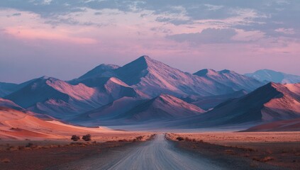 Fototapeta premium Desert road leads to mountain range at dawn