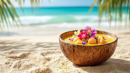 A beachside scene with seafood bisque served in a coconut shell bowl, garnished with edible flowers.
