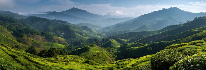 Green tea plantation, green hills and mountains in the background, morning fog on the horizon