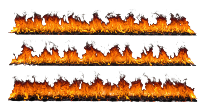 Four vibrant, dancing flame bands with dynamic patterns, fiery particles, and smoke against a transparent studio background, top-down, powerful elemental energy concept