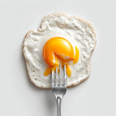 Hyperrealistic fried egg with fork breaking yolk on clean white background, high key lighting showcasing texture and detail of runny yellow yolk.

