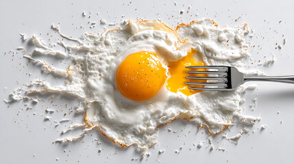 Hyperrealistic fried egg with fork breaking yolk on clean white background, high key lighting showcasing texture and detail of runny yellow yolk.

