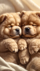 two adorable baby chow chow, cuddle up together sleeping 