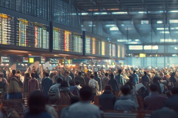 Crowded airport lounge with empty gates and delayed flight monitors, mood of travel disruption.