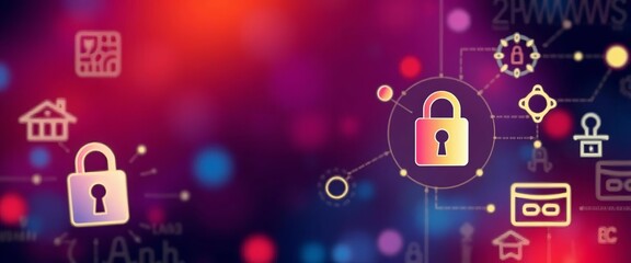 Fototapeta premium Abstract duotone icons depicting data encryption, key, padlock, algorithm, and other cryptography concepts, duotone, graphic