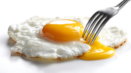 Hyperrealistic fried egg with fork breaking yolk on clean white background, high key lighting showcasing texture and detail of runny yellow yolk.

