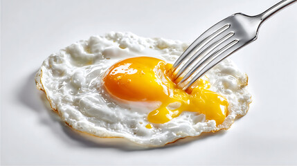 Hyperrealistic fried egg with fork breaking yolk on clean white background, high key lighting showcasing texture and detail of runny yellow yolk.

