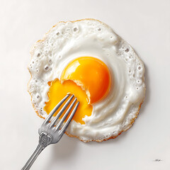 Hyperrealistic fried egg with fork breaking yolk on clean white background, high key lighting showcasing texture and detail of runny yellow yolk.


