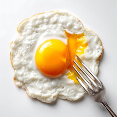 Hyperrealistic fried egg with fork breaking yolk on clean white background, high key lighting showcasing texture and detail of runny yellow yolk.

