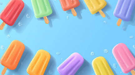 Colorful juicy popsicles border in cute cartoon flat design with bright soft palette, high contrast and smooth gradient for children's book illustration.