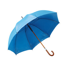 Classic blue umbrella with wooden handle open and ready for rainy weather isolated on transparent background