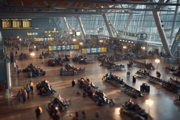 Obraz premium Crowded airport lounge with empty gates and delayed flight monitors, mood of travel disruption.