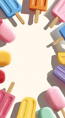 Colorful juicy popsicles border in cute cartoon flat design with bright soft palette, high contrast and smooth gradient for children's book illustration.