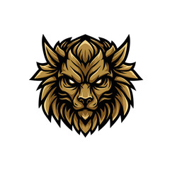 Obraz premium Fierce golden lion-like creature head, stylized mascot design.