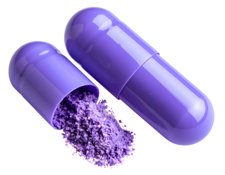 Two Purple Capsules Crossed Over Each Other, One Partially Open Showing Powder on a transparent background PNG