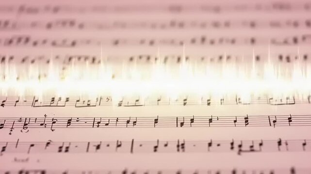 Musical notes on sheet music with sound wave overlay