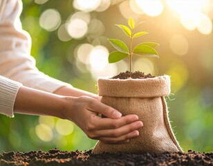 Woman's Hands Gently Protecting a Young Plant in a Burlap Bag