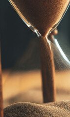 Close-up of hourglass with flowing golden sand on rustic wooden table, warm side lighting creating dramatic shadows, time management and patience concept with copy space.