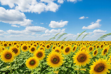 Vast Field of Vibrant Sunflowers Under a Bright Blue Sky with Fluffy White Clouds