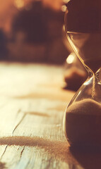 Close-up of hourglass with flowing golden sand on rustic wooden table, warm side lighting creating dramatic shadows, time management and patience concept with copy space.