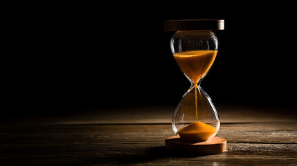 Close-up of hourglass with flowing golden sand on rustic wooden table, warm side lighting creating dramatic shadows, time management and patience concept with copy space.