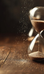 Close-up of hourglass with flowing golden sand on rustic wooden table, warm side lighting creating dramatic shadows, time management and patience concept with copy space.