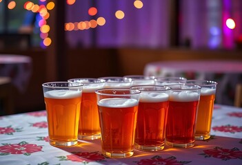 Several plastic cups overflowing with beer sit on a tablecloth-covered table,  gathering,  pint