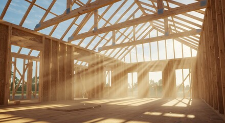 House Under Construction with Wooden Frame and Sunlight Beams