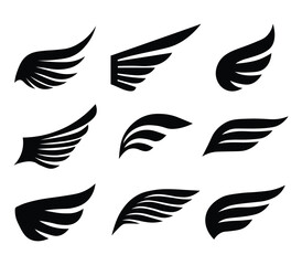 Black wings silhouette vector set. Illustration art of angel wings set. Pilot symbols graphic design elements, emblem badge design. Wing logo Vector illustration.