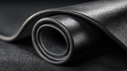 Black leather roll rich deep black color textured surface luxury material close up elegant smooth fashion accessory macro detail premium quality