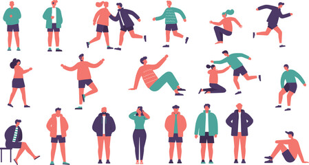 Flat vector people collection, walking, running, exercising, standing poses, diverse characters, casual clothing, lifestyle design, teamwork, modern illustration, fashion style.