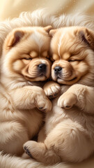 two adorable baby chow chow, cuddle up together sleeping 