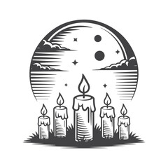 Fototapeta premium Five lit candles under a moonlit sky with stars and clouds flames night