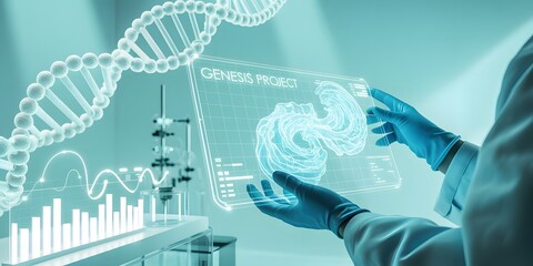Scientist using transparent digital screen labeled “GENESIS PROJECT” with DNA imagery and data overlays in high-tech lab, symbolizing genetic innovation, biotechnology, and futuristic research