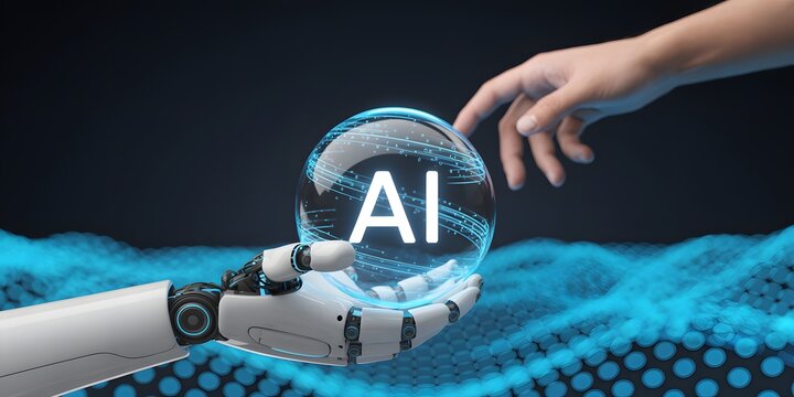 Robotic and human hands connecting over glowing AI sphere with digital wave background, symbolizing technological harmony, innovation, and future collaboration