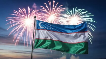 Glowing Fireworks Behind Uzbekistan Flag at Night – Independence Day Tribute