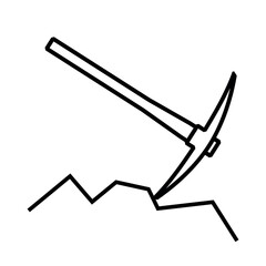 Pickaxe icon. Symbol of work, extraction, or mine. Attribute of a quarry, miner, or worker. Hand-held impact tool for gold or ore mining.