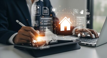 Digital workflow: Person using a tablet and laptop with graphical interfaces for document processing and approval.