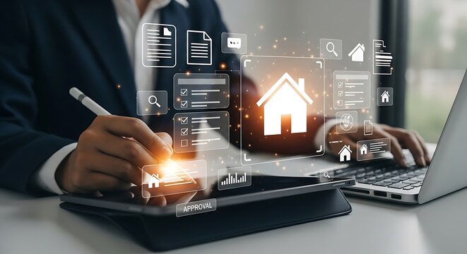 Digital workflow: Person using a tablet and laptop with graphical interfaces for document processing and approval.