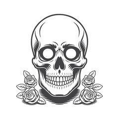 Human skull with roses flowers black and white