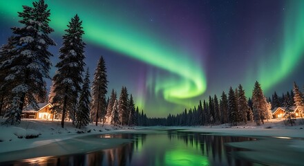 Aurora Borealis Glows Over Winter Forest and Frozen Lake, Reflecting Light on Cabins Amidst Snow-Covered Trees.