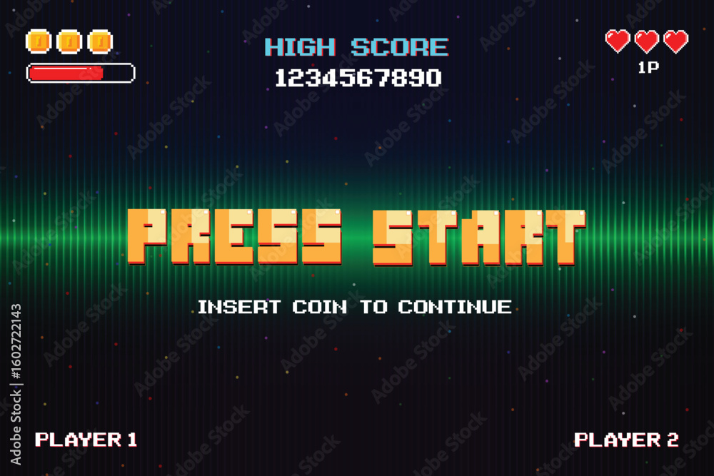 Wall mural press start. insert a coin to continue. pixel art. 8 bit game. retro game. for game assets. retro fu