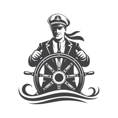 Mariner steering ship wheel with waves captain nautical